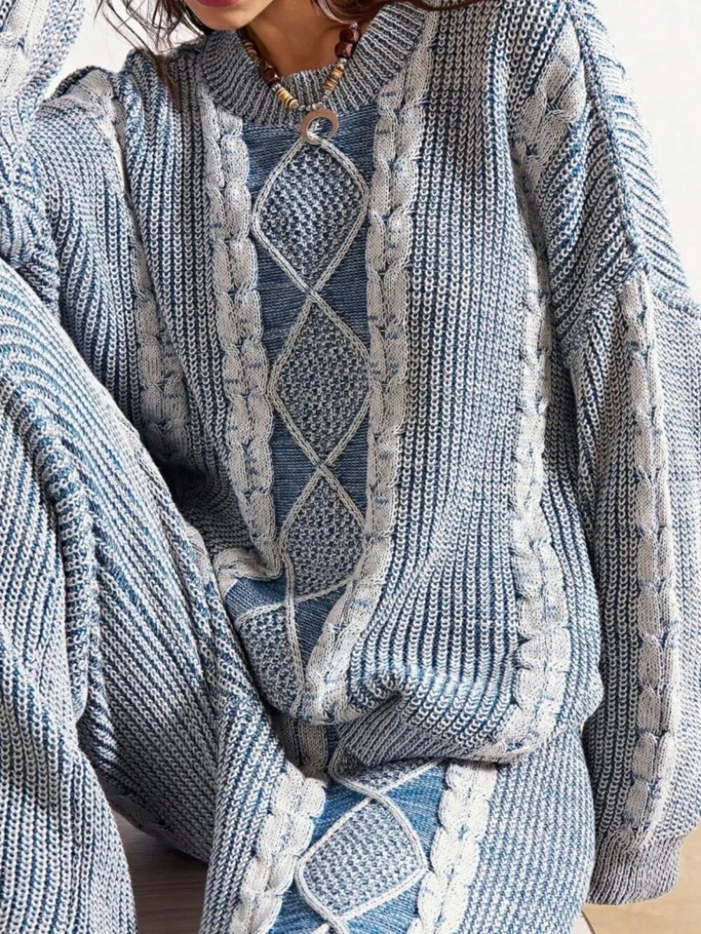 Blue & Gray Marled Cable Knit Oversized Sweater